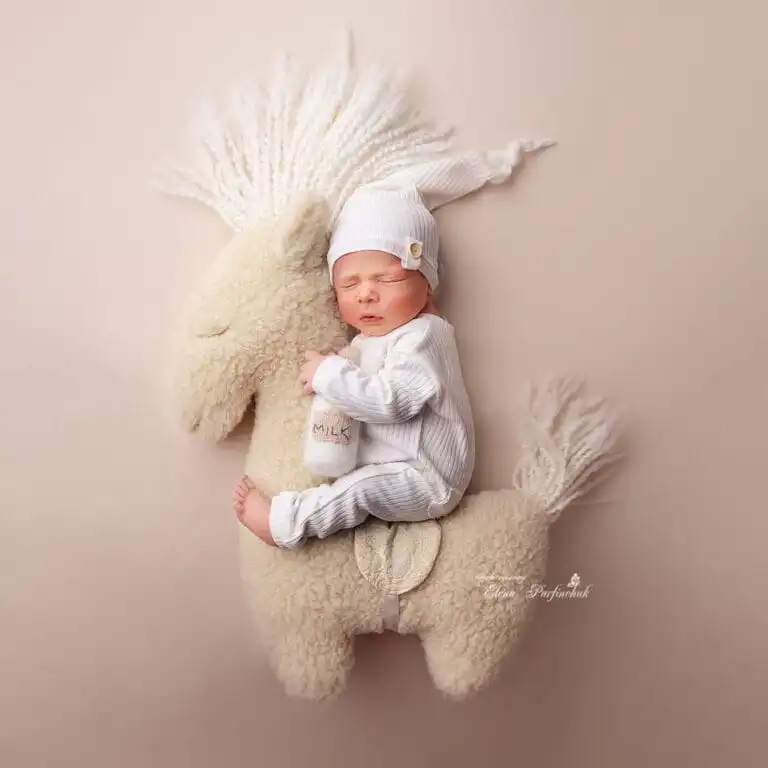 newborn fotografie - miminko s lamou v béžovém podání